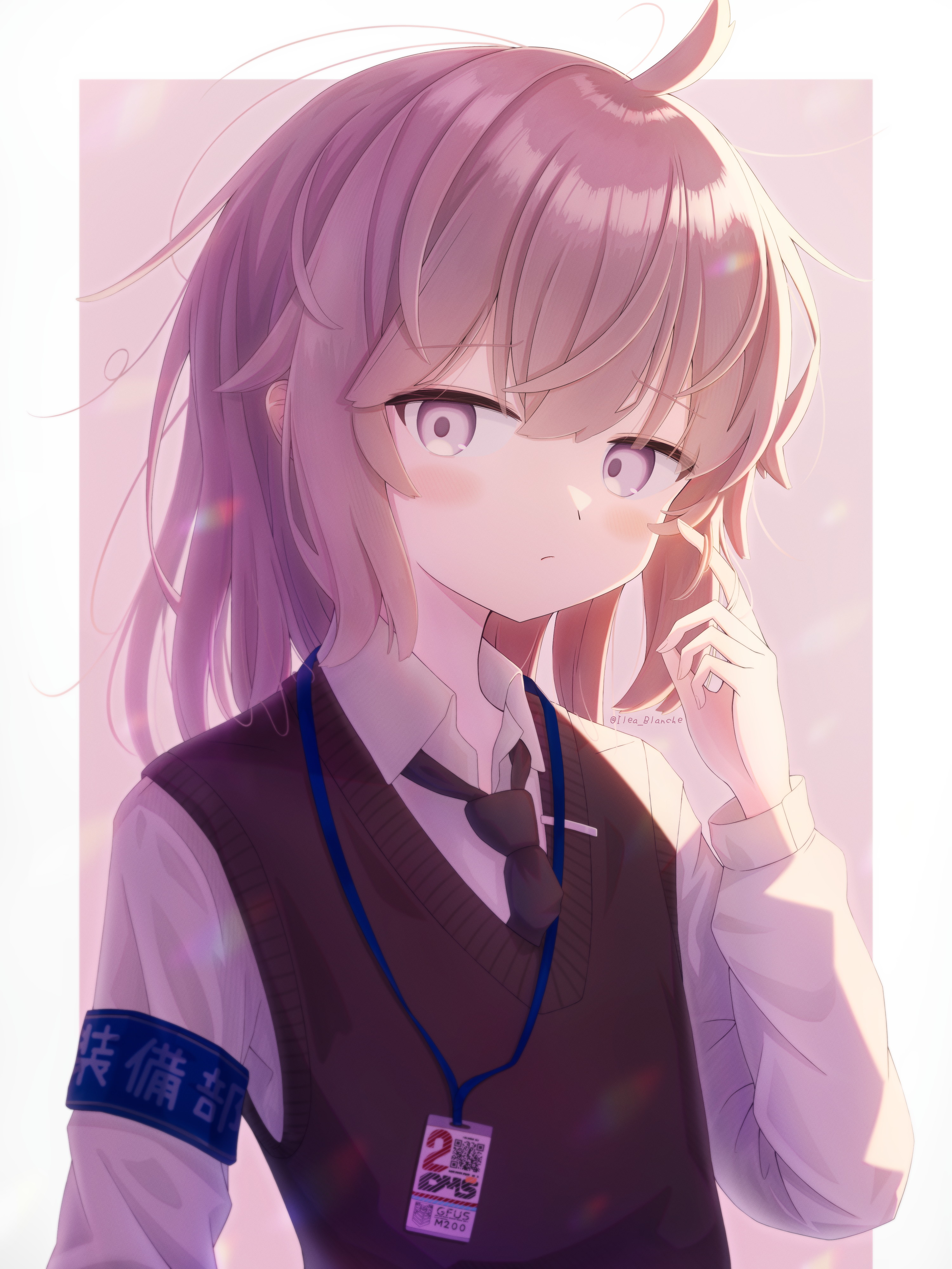 ilea blanche, m200 (girls' frontline), girls' frontline, absurdres, commentary request, highres, 1girl, alternate costume, alternate hairstyle, armband, black necktie, black vest, blue armband, brown background, brown hair, closed mouth, collared shirt, hand up, id card, long hair, looking at viewer, necktie, shirt, simple background, solo, upper body, vest, white background, white shirt