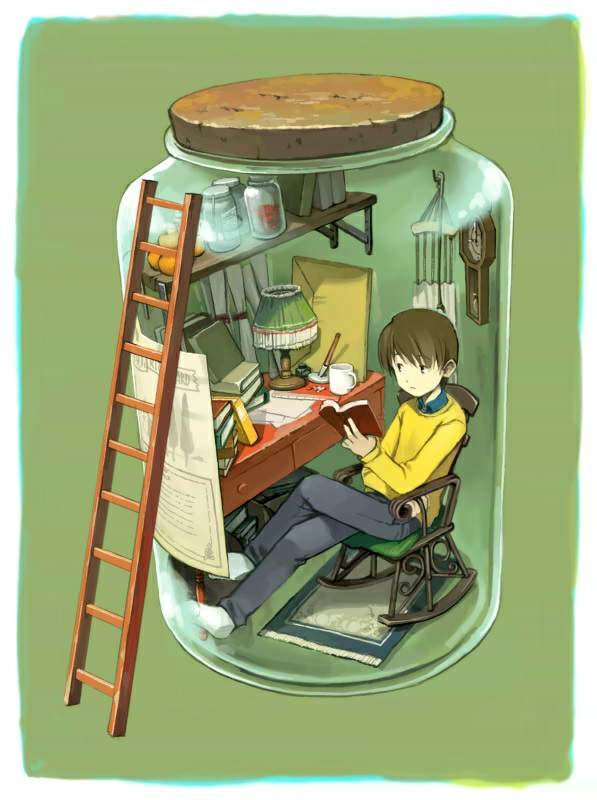 sejima kentarou, original, non-web source, source request, 1boy, book, bottle, brown hair, chair, clock, crossed legs, in bottle, in container, jar, ladder, lamp, male focus, mini person, miniboy, open book, reading, rocking chair, short hair, sitting, solo