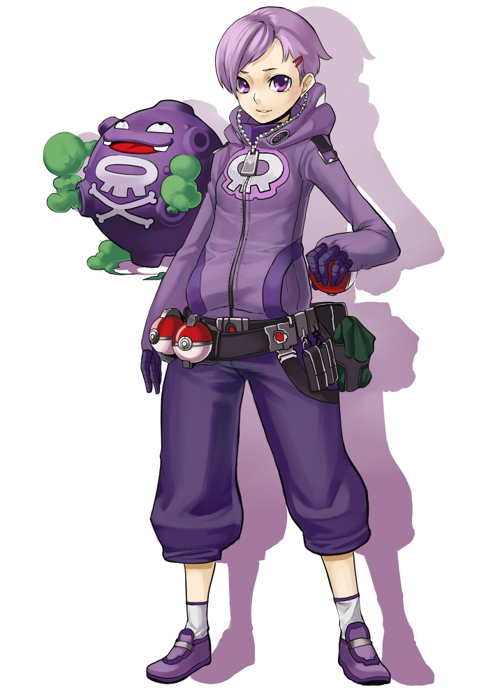 maka62, koffing, nintendo, pixiv, pixiv trainer, pokemon, 1girl, drop shadow, gen 1 pokemon, holding, holding poke ball, hood, hoodie, personification, poke ball, poke ball (basic), pokemon (creature), purple hair, short hair, waist poke ball, zipper
