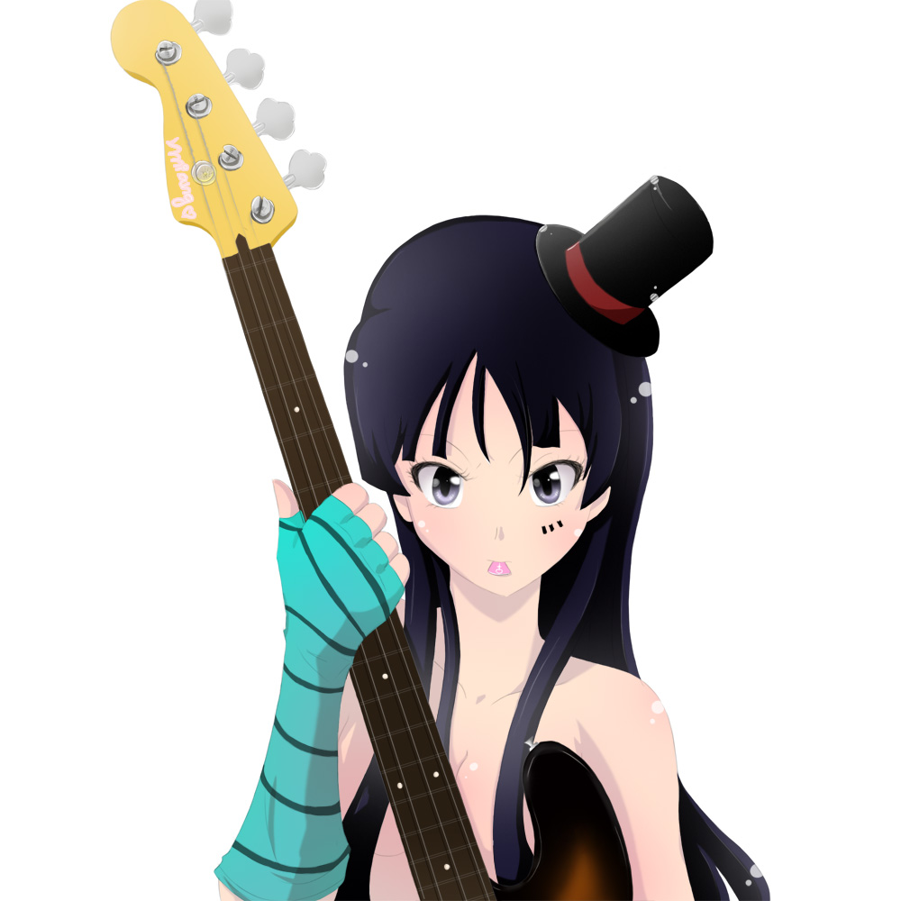 miang, akiyama mio, don't say "lazy", k-on!, bad id, bad pixiv id, 00s, 1girl, bass guitar, black hair, blunt bangs, female focus, fingerless gloves, gloves, gothic lolita, guitar, hat, hime cut, instrument, lolita fashion, mini hat, mini top hat, mouth hold, nude, plectrum, simple background, solo, top hat, upper body