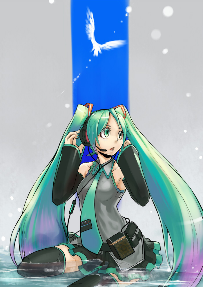 maka62, hatsune miku, vocaloid, bad id, bad pixiv id, 1girl, aqua hair, bird, female focus, headphones, long hair, solo, thighhighs, twintails, very long hair, water