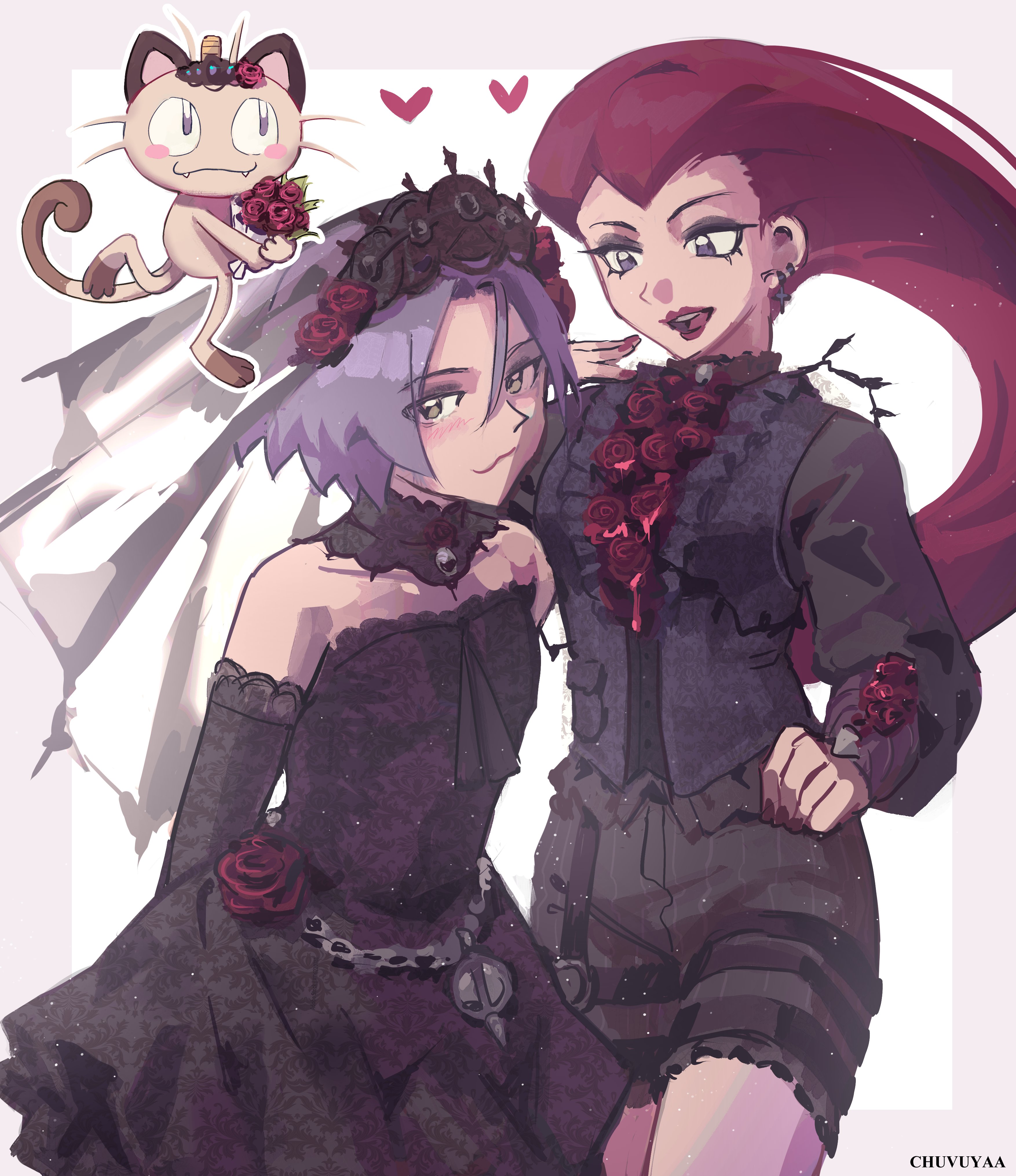 chuvuyaa, ada mesmer, ada mesmer (everlasting night), emil (identity v), emil (luminary) (identity v), james (pokemon), jessie (pokemon), meowth, identity v, nintendo, pokemon, pokemon (anime), pokemon (classic anime), absurdres, highres, 1boy, 1girl, ada mesmer (cosplay), black dress, cosplay, crossdressing, crossdressing (mtf), dress, emil (identity v) (cosplay), flower, gen 1 pokemon, heart, looking at viewer, pokemon (creature), team rocket, trap, white background