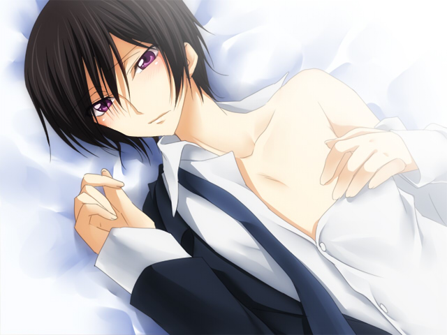 jyuru, lelouch vi britannia, code geass, 00s, 1boy, black hair, blush, male focus, open clothes, open shirt, purple eyes, shirt, short hair, solo, undressing