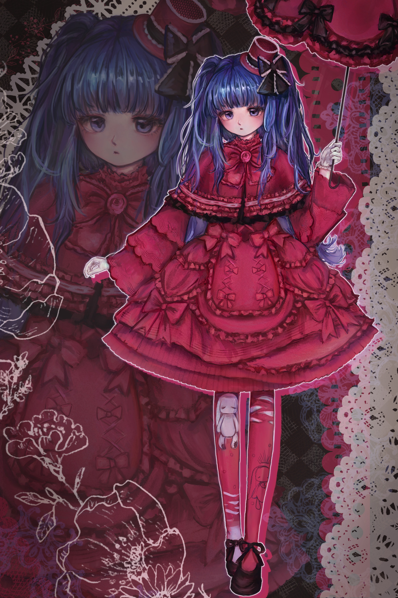 furudo erika, umineko no naku koro ni, highres, 1girl, black bow, black shoes, blue eyes, blue hair, bow, capelet, dress, flower, frilled capelet, frills, hat, holding, holding umbrella, kneepaw, lolita fashion, long hair, pantyhose, parasol, rabbit, red bow, red capelet, red dress, red flower, red hat, red pantyhose, red rose, rose, shoes, solo, top hat, twintails, umbrella, zoom layer