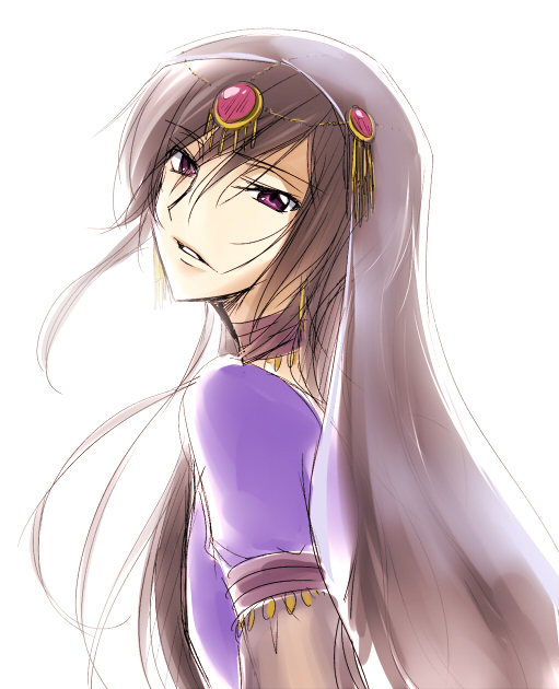 jyuru, luluko, code geass, 00s, black hair, crossdressing, crossdressing (mtf), dancer, gypsy, jewelry, long hair, male focus, purple eyes, solo, trap, veil