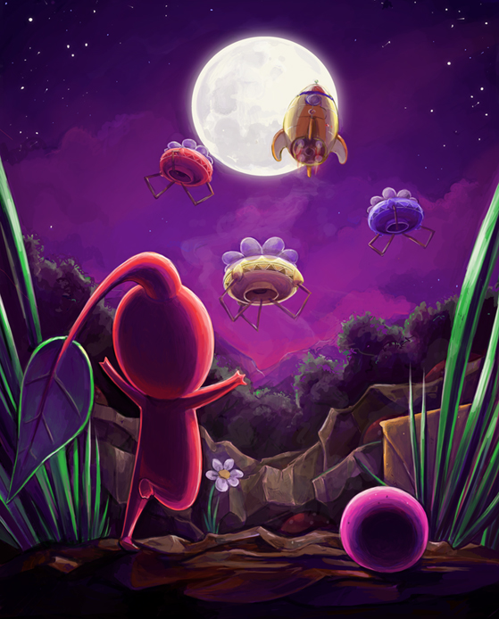 h0lyhandgrenade, red pikmin, nintendo, pikmin (series), pikmin 1, berry, cloud, colored skin, creature, creature focus, flower, from behind, full moon, grass, leaf, leg up, moon, night, night sky, no humans, onion (pikmin), outdoors, outstretched arms, pikmin (creature), purple sky, red skin, s.s. dolphin, sky, solo, star (sky), starry sky, white flower