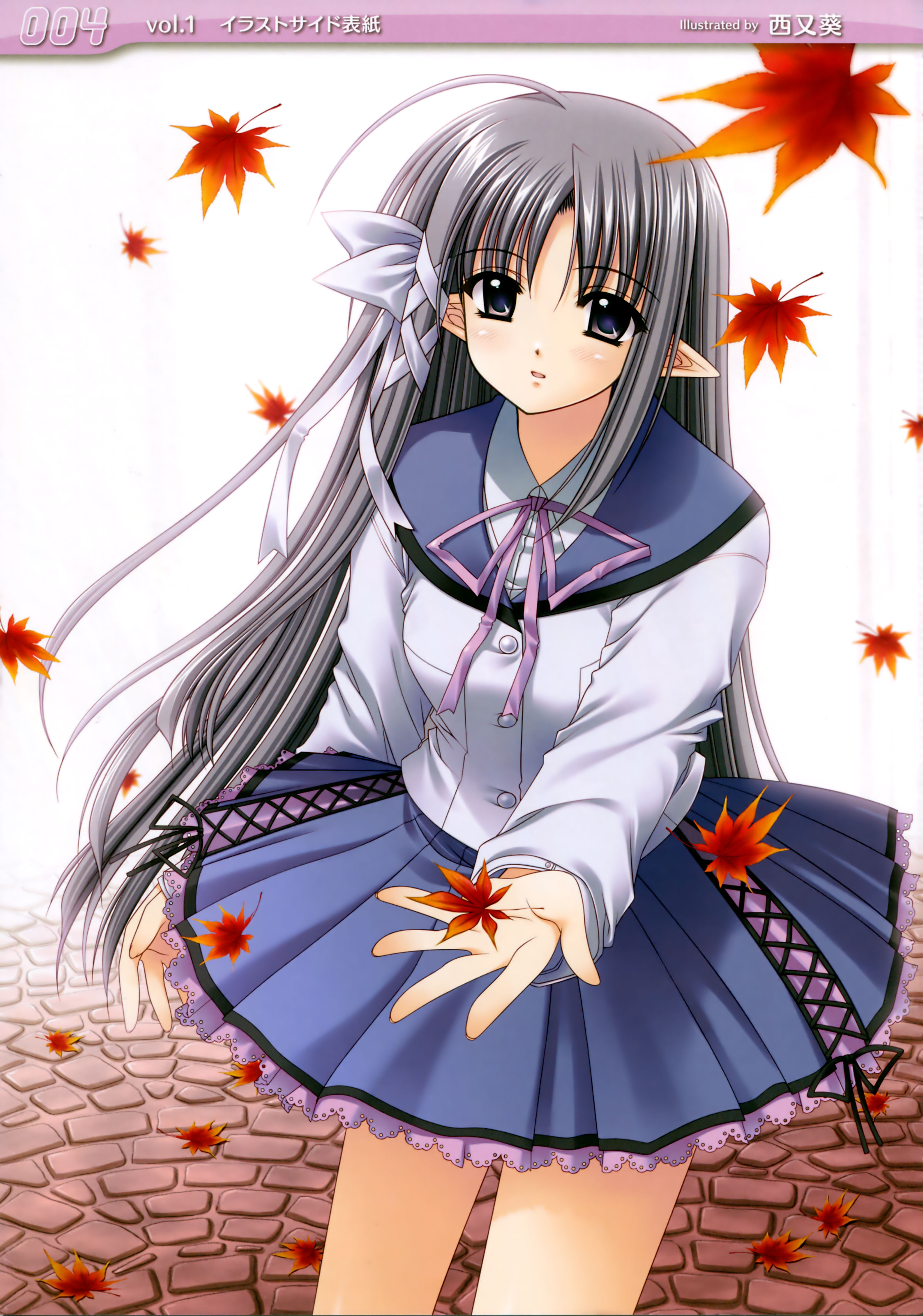nishimata aoi, freyjalt fall, judgement chime, silver hair, absurdres, highres, autumn, grey eyes, hair ribbon, leaf, long hair, pointy ears, ribbon, school uniform, solo