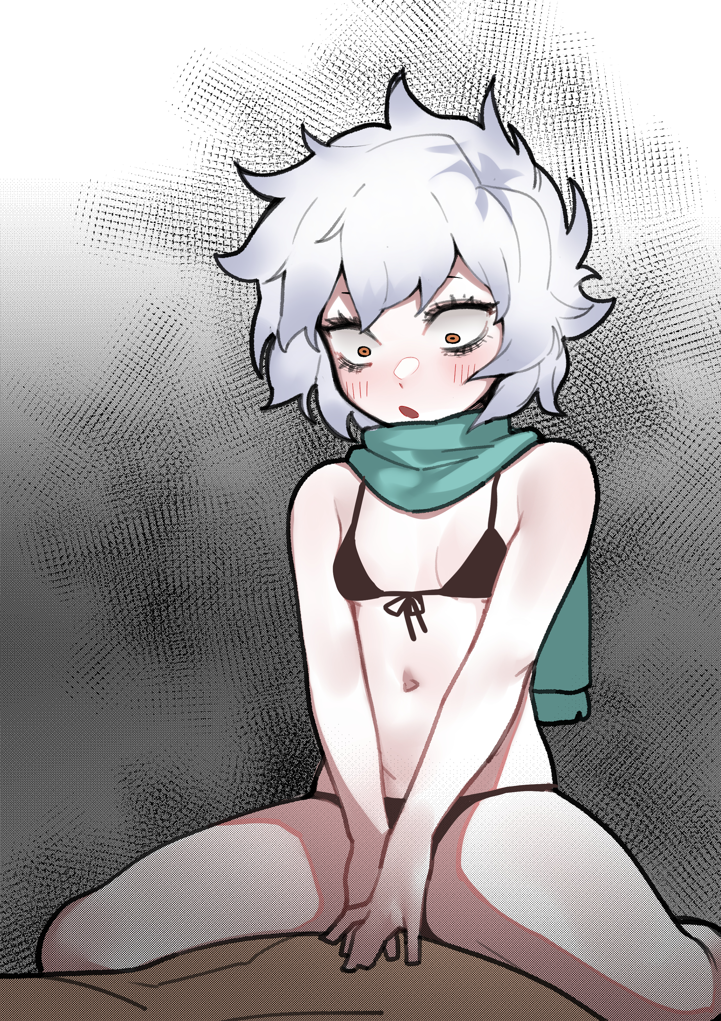 sangobob, mechako (let's go kaikigumi), let's go kaikigumi, absurdres, highres, 1boy, 1girl, bikini, black bikini, blush, constricted pupils, front-tie bikini top, front-tie top, green scarf, grey hair, looking down, messy hair, moire, navel, red eyes, sanpaku, scarf, short hair, sitting, sitting on person, solo focus, straddling, string bikini, swimsuit