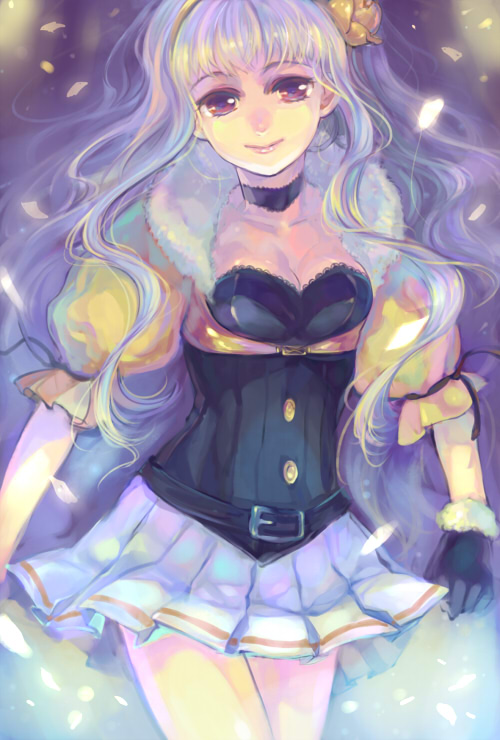 ame yamori, shijou takane, idolmaster, idolmaster (classic), bad id, bad pixiv id, 00s, 1girl, belt, breasts, female focus, gloves, petals, red eyes, solo, white hair