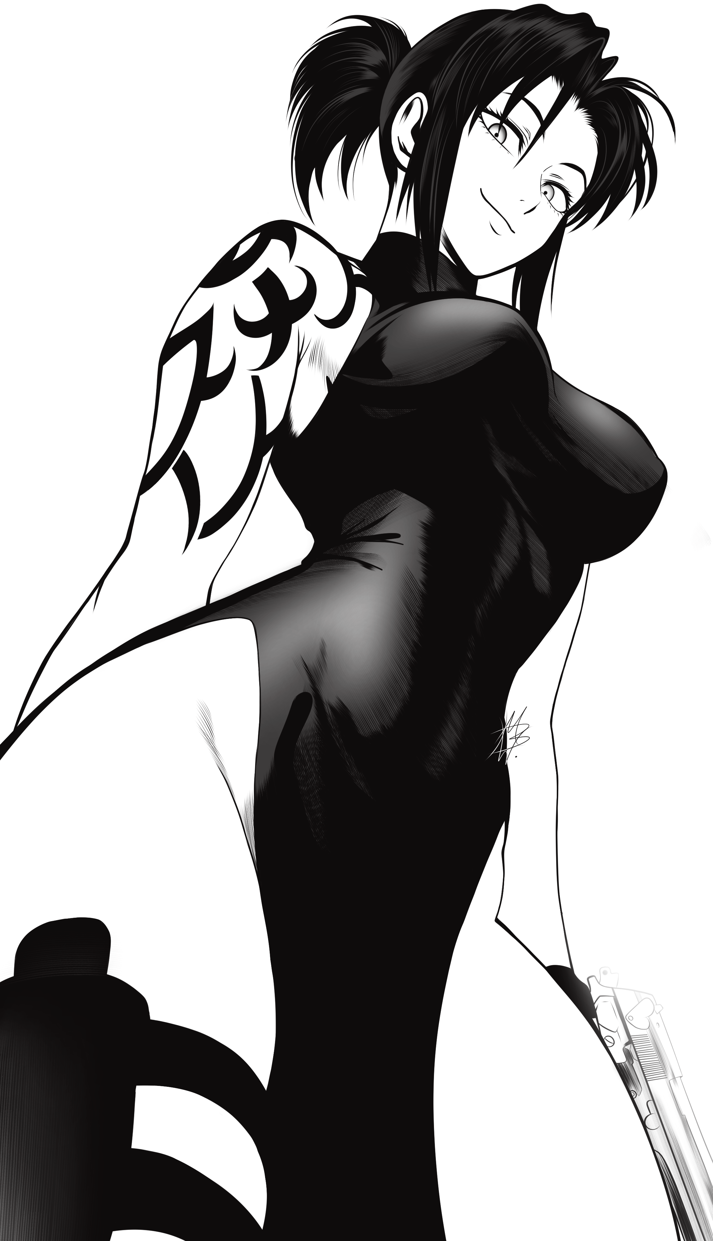mostlybluewyatt, revy (black lagoon), black lagoon, absurdres, commentary, english commentary, highres, 1girl, arm behind back, arm tattoo, breasts, closed mouth, cowboy shot, dress, from below, greyscale, gun, handgun, holding, holding gun, holding weapon, holster, large breasts, looking at viewer, looking down, monochrome, pelvic curtain, ponytail, short ponytail, shoulder tattoo, signature, simple background, sleeveless, sleeveless dress, smile, solo, standing, tattoo, thigh holster, thigh strap, tribal tattoo, weapon