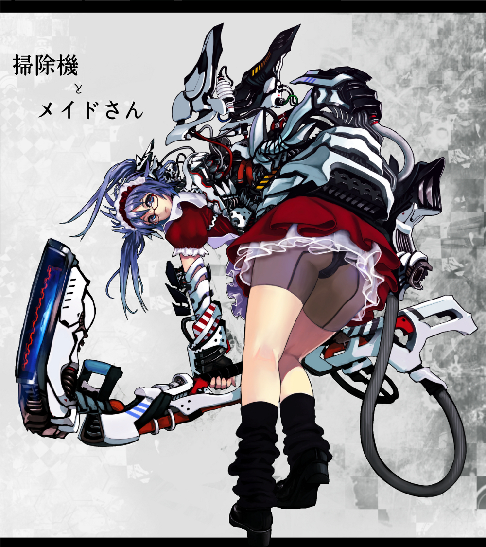 chikokuma, original, mechanical, bad id, bad pixiv id, 1girl, bent over, bike shorts, blue eyes, blue hair, female focus, letterboxed, long hair, looking at viewer, looking back, maid, matching hair/eyes, panties, purple hair, skirt, socks, solo, twintails, underwear, vacuum cleaner