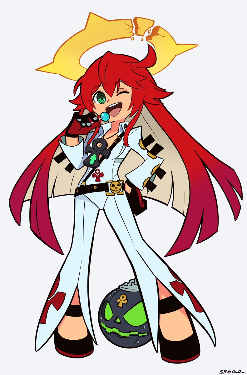 smgold, dorpos, jack-o' valentine, guilty gear, guilty gear strive, highres, 1girl, ankh necklace, ankh print, artist name, bodysuit, broken halo, candy, colored inner hair, food, full body, gloves, green eyes, halo, holding, holding candy, holding food, holding lollipop, lollipop, long hair, multicolored hair, one eye closed, open mouth, panty & stocking with garterbelt (style), red hair, simple background, smile, spiked halo, teeth, upper teeth only, white background, white bodysuit