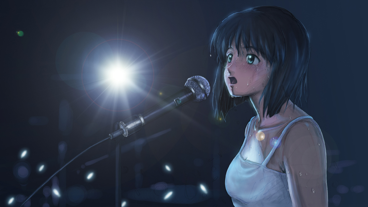 isai shizuka, original, bad id, bad pixiv id, concert, green eyes, lens flare, microphone, microphone stand, music, short hair, singing, solo, spotlight, sweat, tank top