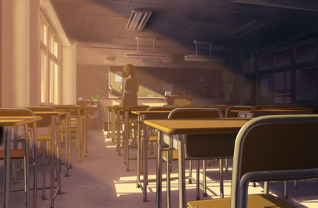 isai shizuka, original, 1girl, chair, chalkboard, classroom, desk, fluorescent lamp, indoors, light rays, scenery, school, school desk, school uniform, sunbeam, sunlight, sunset, vanishing point, window