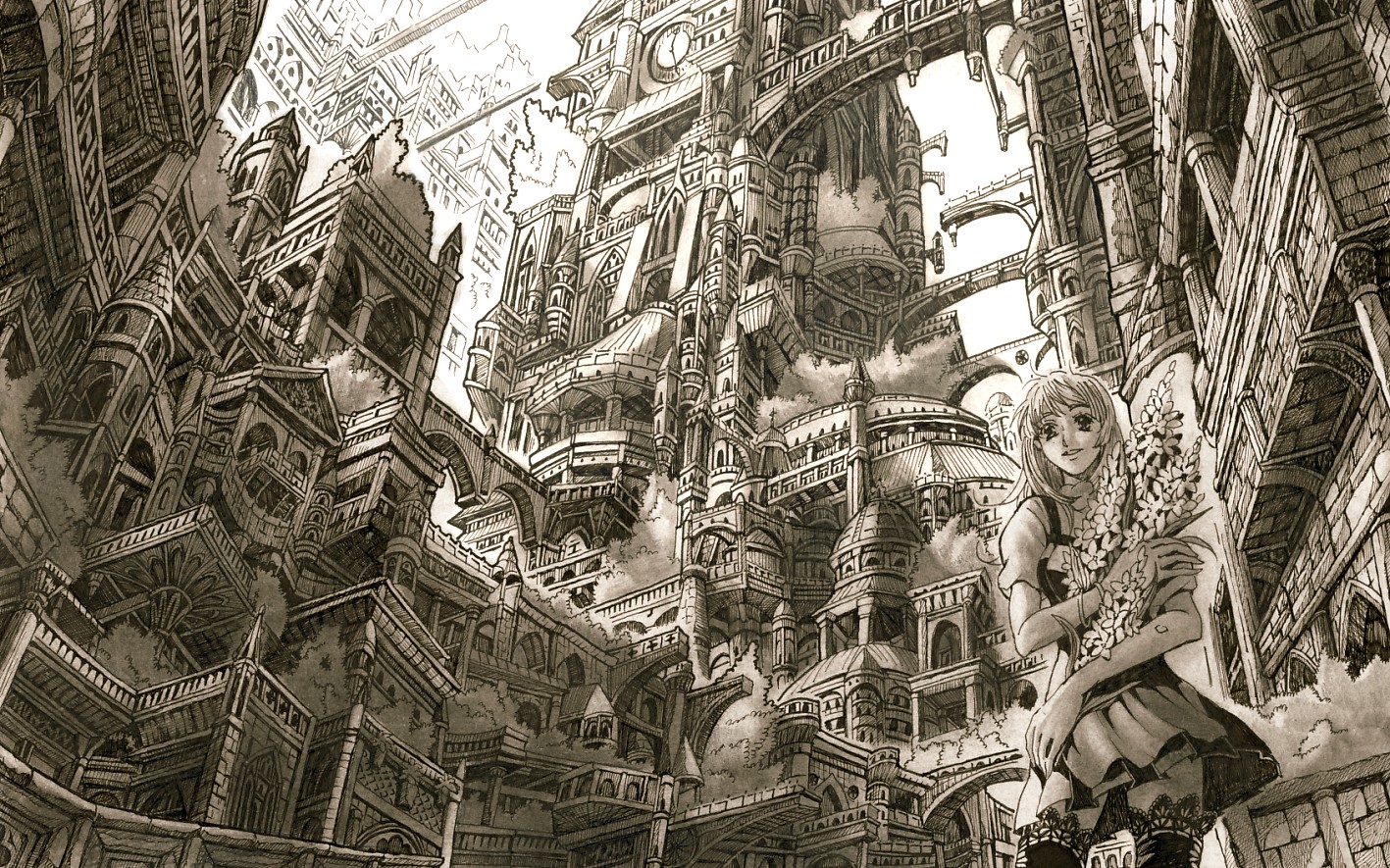 mita mitauzo, original, bad id, bad pixiv id, 1girl, building, city, dress, female focus, flower, monochrome, scenery, sepia, skirt, solo