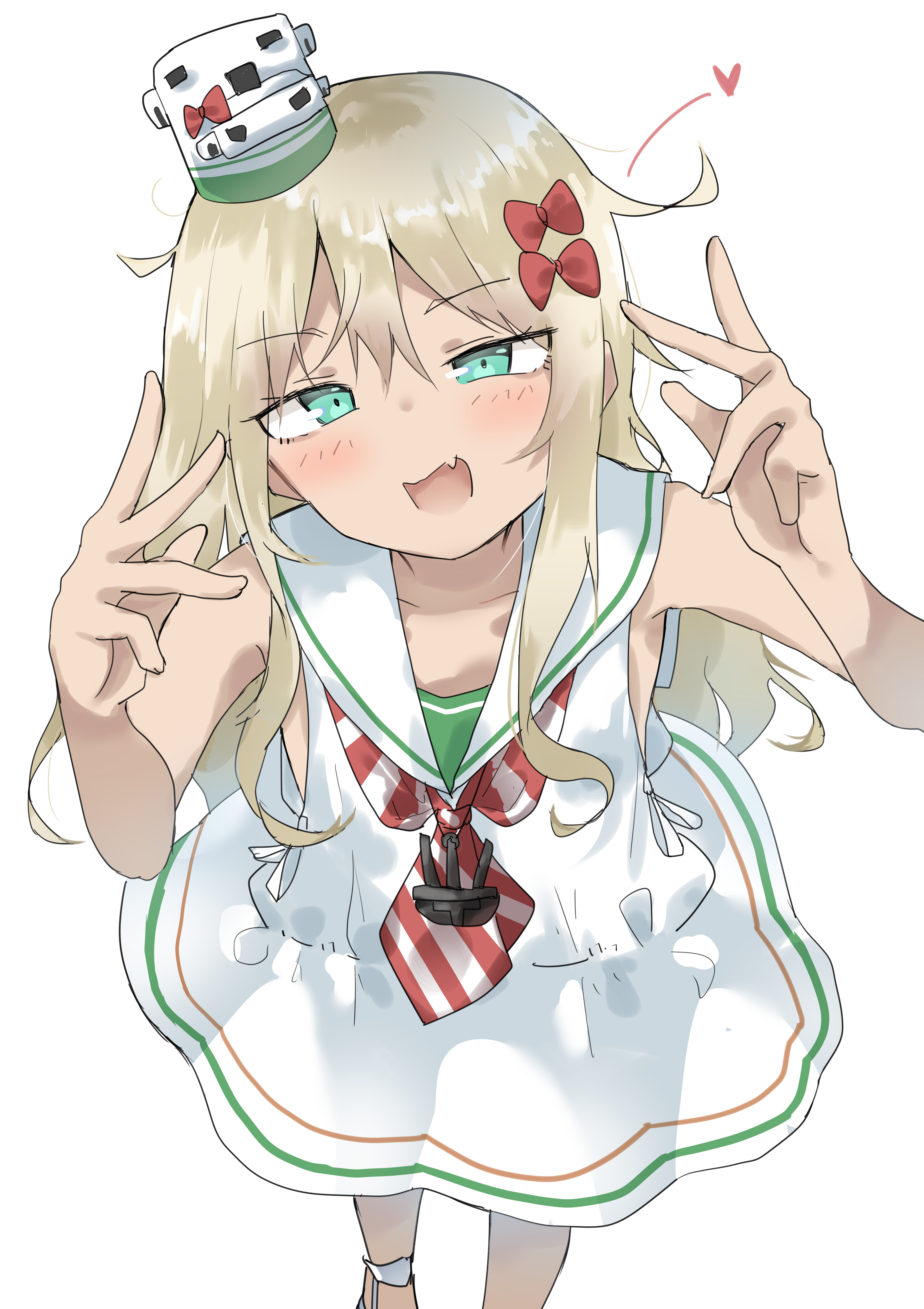dreamsun, grecale (kancolle), kantai collection, absurdres, commentary request, highres, 1girl, :d, bare arms, bare shoulders, bow, brown hair, diagonal-striped clothes, diagonal-striped neckerchief, dress, fang, feet out of frame, green eyes, hair between eyes, hair bow, hands up, heart, long hair, looking at viewer, neckerchief, open mouth, red bow, sailor collar, sailor dress, simple background, sleeveless, sleeveless dress, smile, solo, standing, striped clothes, very long hair, white background, white dress, white sailor collar