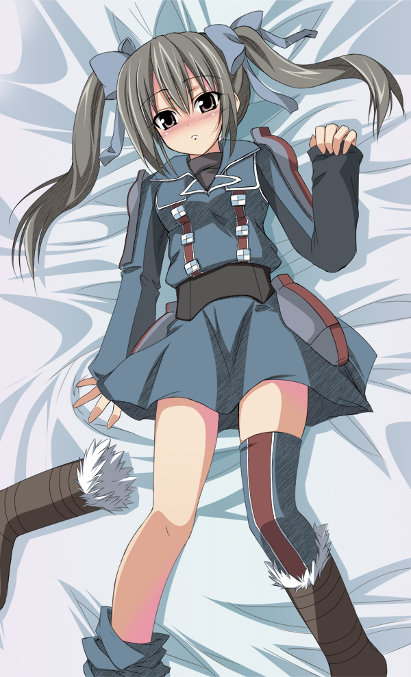 sen (astronomy), edy nelson, senjou no valkyria, senjou no valkyria (series), senjou no valkyria 1, bad id, bad pixiv id, 00s, 1girl, blush, boots, brown eyes, female focus, grey hair, military, military uniform, ribbon, solo, thighhighs, twintails