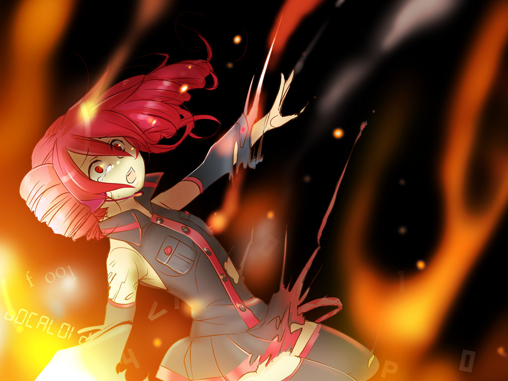 kasane teto, kasane teto (utau), utau, vocaloid, 1girl, binary, death, drill hair, female focus, fire, red eyes, red hair, solo, tears, twin drills