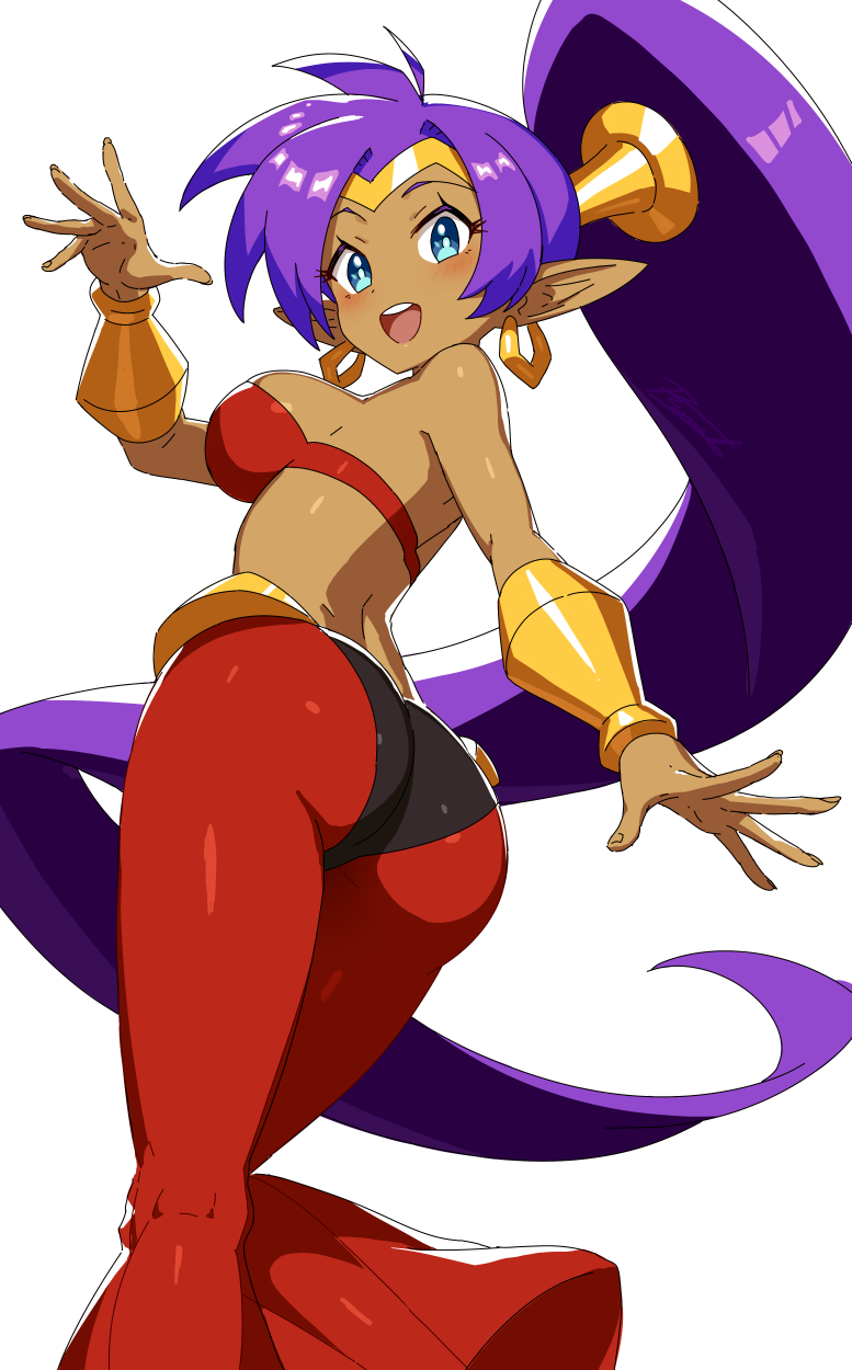 revenantart, shantae, shantae (series), commentary, english commentary, highres, 1girl, :d, ass, blue eyes, bra, breasts, dark-skinned female, dark skin, from behind, large breasts, long hair, looking at viewer, open mouth, pants, pointy ears, ponytail, purple hair, red bra, red pants, simple background, smile, solo, teeth, underwear, upper teeth only, very long hair, white background