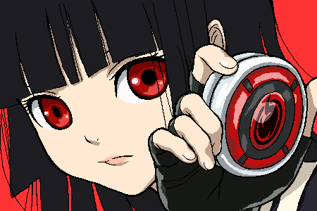 enma ai, jigoku shoujo, sukeban deka, lowres, 1girl, black hair, blunt bangs, female focus, fingerless gloves, gloves, hime cut, parody, red eyes, solo, yo-yo