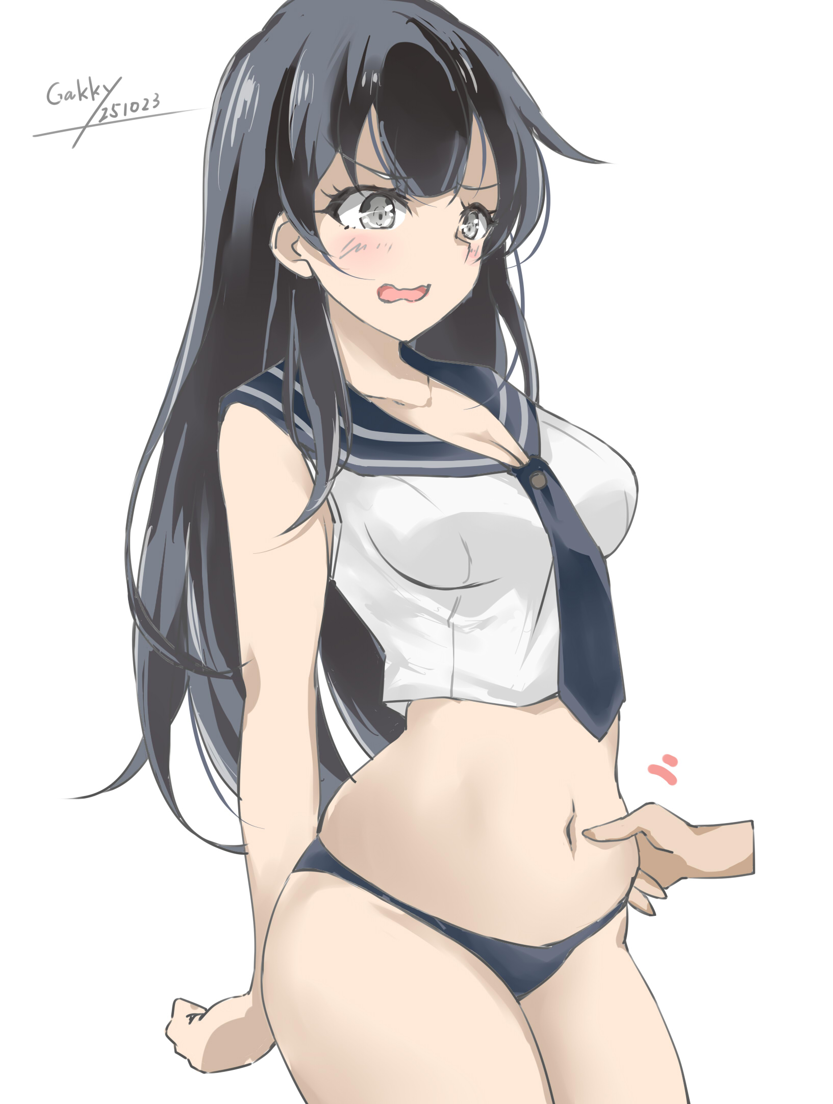 gakky, agano (kancolle), kantai collection, commentary request, highres, 1girl, anchor symbol, artist name, belly grab, black hair, black panties, blush, breasts, cleavage, cowboy shot, dated, embarrassed, grabbing another's stomach, green eyes, large breasts, long hair, looking at viewer, no pants, open mouth, out of frame, panties, school uniform, serafuku, skirt, sleeveless, smile, underwear, weight conscious