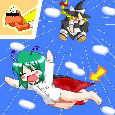 myonde, kirisame marisa, koopa, super koopa, wriggle nightbug, mario (series), nintendo, super mario world, super marisa world, team shanghai alice, touhou, lowres, 2girls, antennae, bar censor, barefoot, blonde hair, blush stickers, bottomless, bow, cape, censored, censored identity, chibi, closed eyes, cloud, crossover, day, falling, flying, green hair, hair bow, hat, hat bow, multiple girls, no pants, oekaki, parody, tears, witch hat