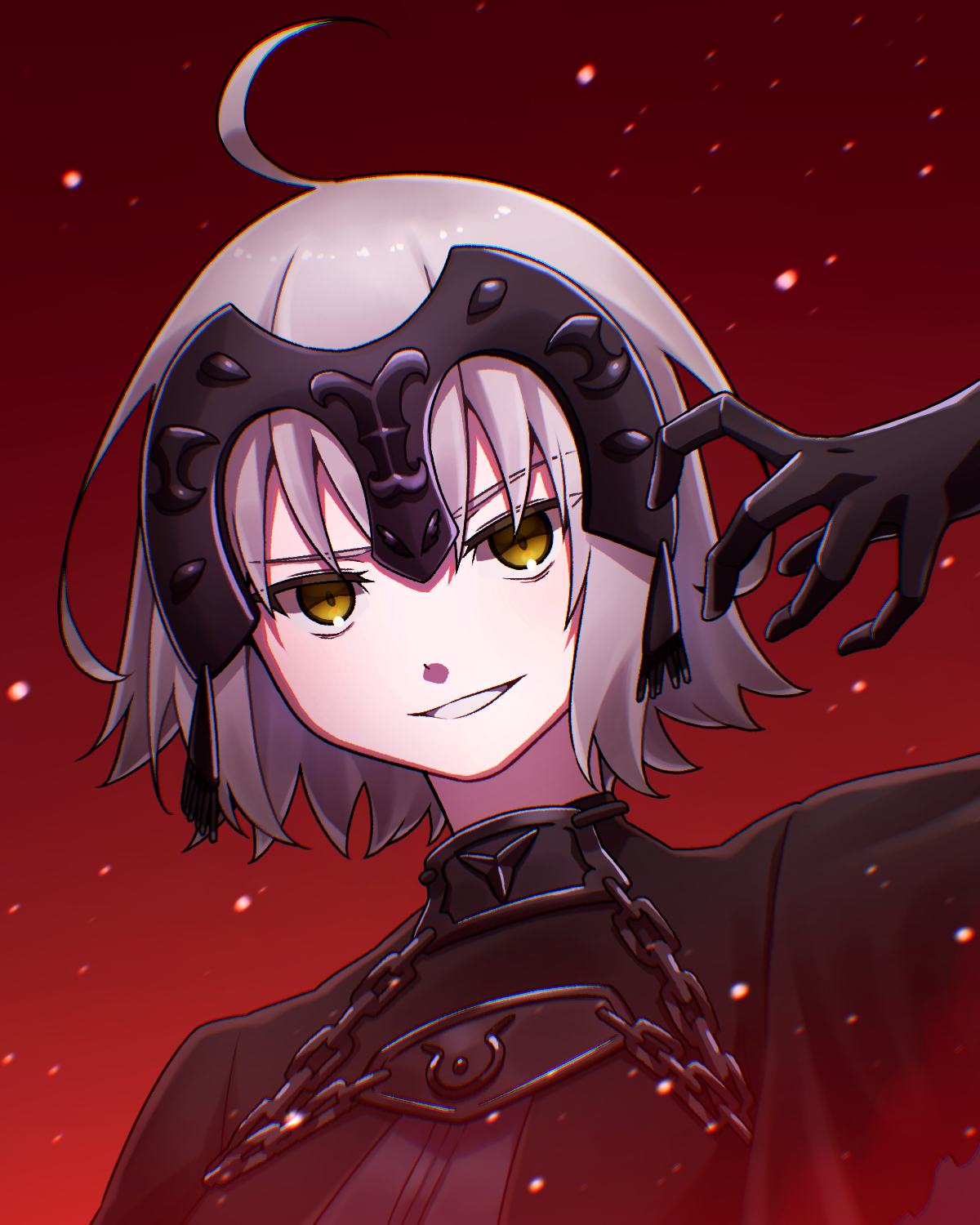 yotaaaaka, jeanne d'arc alter (avenger) (fate), jeanne d'arc alter (avenger) (first ascension) (fate), jeanne d'arc alter (fate), fate/grand order, fate (series), commentary, highres, 1girl, armor, armored dress, black dress, black gloves, chain, collar, dress, embers, gloves, grey hair, grin, headpiece, looking at viewer, metal collar, short hair, smile, solo, yellow eyes