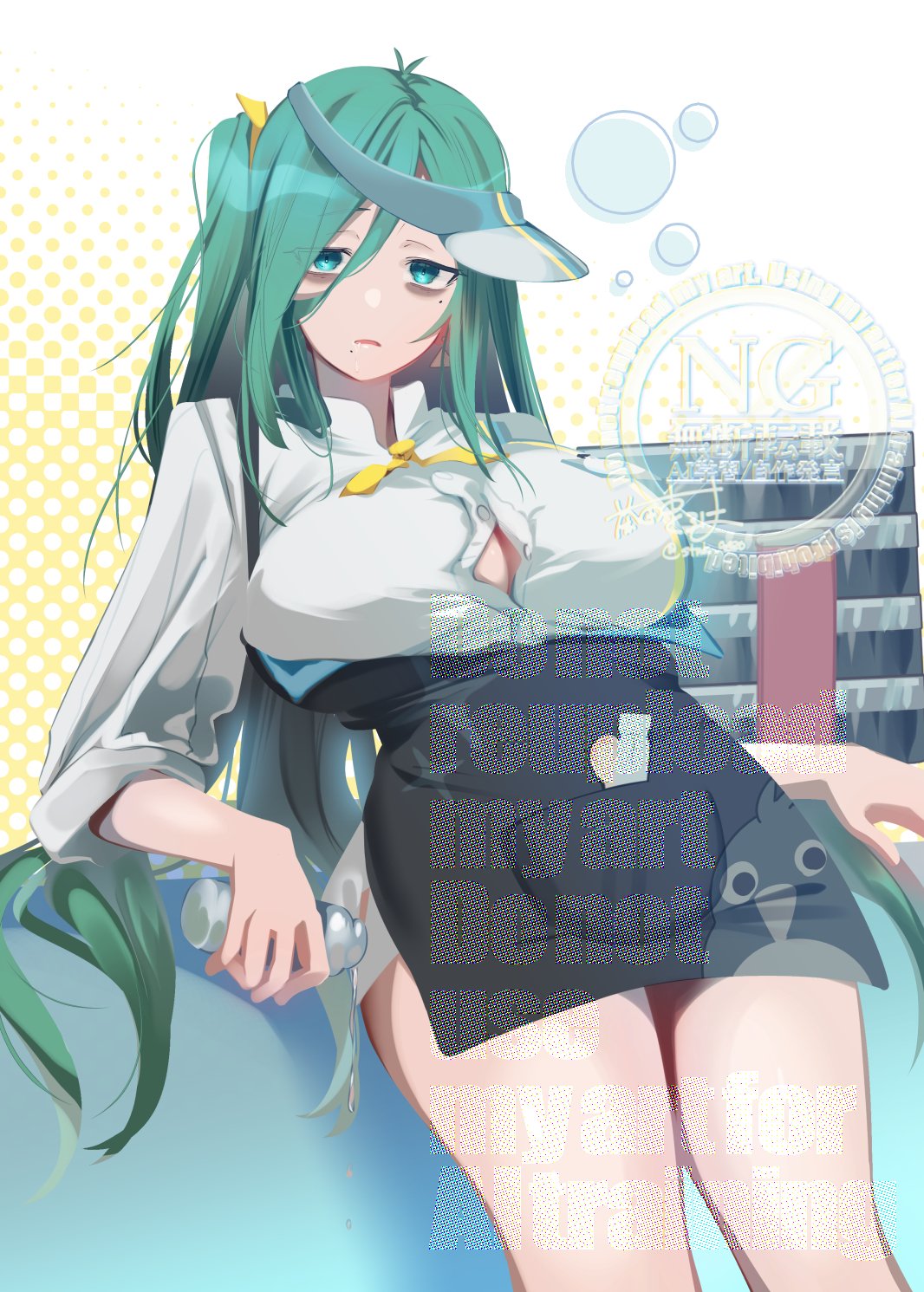 satanaka kuroha, portia (stella sora), stella sora, commentary, highres, 1girl, apron, bags under eyes, black apron, blue eyes, breasts, button gap, cleavage, cowboy shot, drink, employee uniform, holding, holding drink, large breasts, looking at viewer, mole, mole under eye, mole under mouth, multiple moles, parted lips, shirt, sideways hat, solo, squeans, visor cap, watermark, white shirt