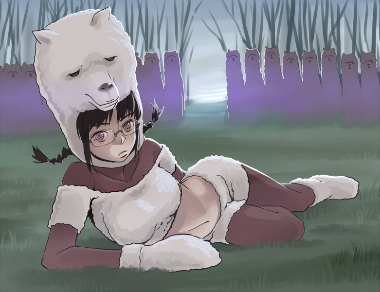 inu (aerodog), akizuki ritsuko, idolmaster, idolmaster (classic), idolmaster 1, 00s, 1girl, alpaca, alpaca (animal), animal, animal costume, animal hat, bare tree, black hair, braid, breasts, costume, female focus, glasses, hat, large breasts, looking at viewer, midriff, outdoors, pantyhose, red eyes, serious, solo, tree, twin braids, what, you gonna get raped