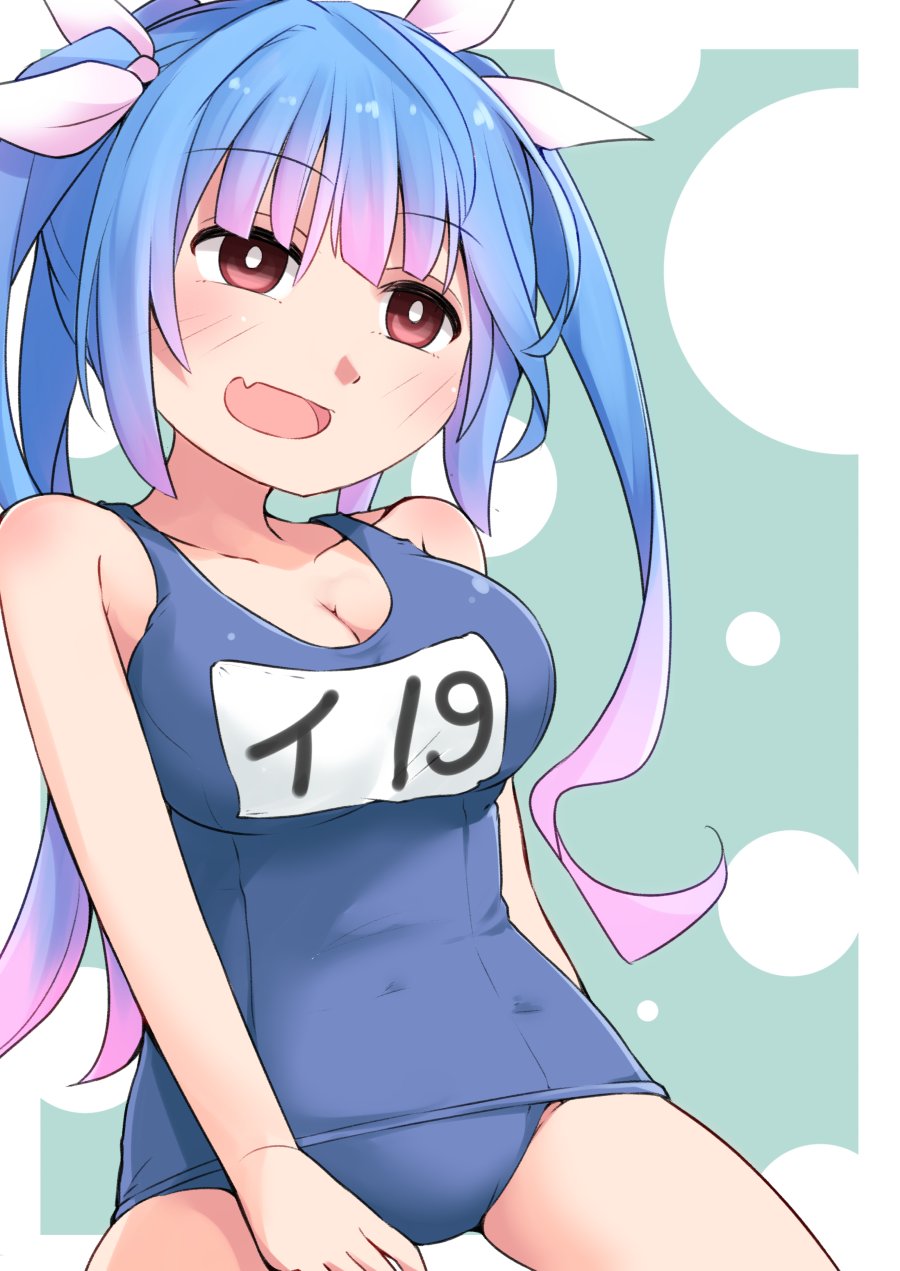 okitarou (okiyo), i-19 (kancolle), kantai collection, highres, 1girl, blue hair, blush, breasts, flower-shaped pupils, green background, hair ribbon, large breasts, long hair, looking at viewer, name tag, one-piece swimsuit, open mouth, red eyes, ribbon, school swimsuit, sitting, smile, solo, swimsuit, symbol-shaped pupils, twintails, white background