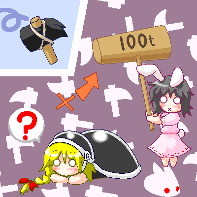 myonde, hammer bro, inaba tewi, kirisame marisa, mario (series), nintendo, super mario bros. 3, super marisa world, touhou, lowres, 2girls, ?, blonde hair, cosplay, crossover, hammer, hammer bro (cosplay), mallet, multiple girls, oekaki, parody, rabbit, x mouth