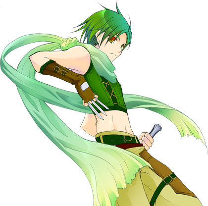 youmiko, sothe (fire emblem), fire emblem, fire emblem: radiant dawn, nintendo, lowres, 1boy, brown eyes, dagger, gloves, green hair, green tunic, knife, male focus, pants, scarf, simple background, solo, tunic, weapon, white background