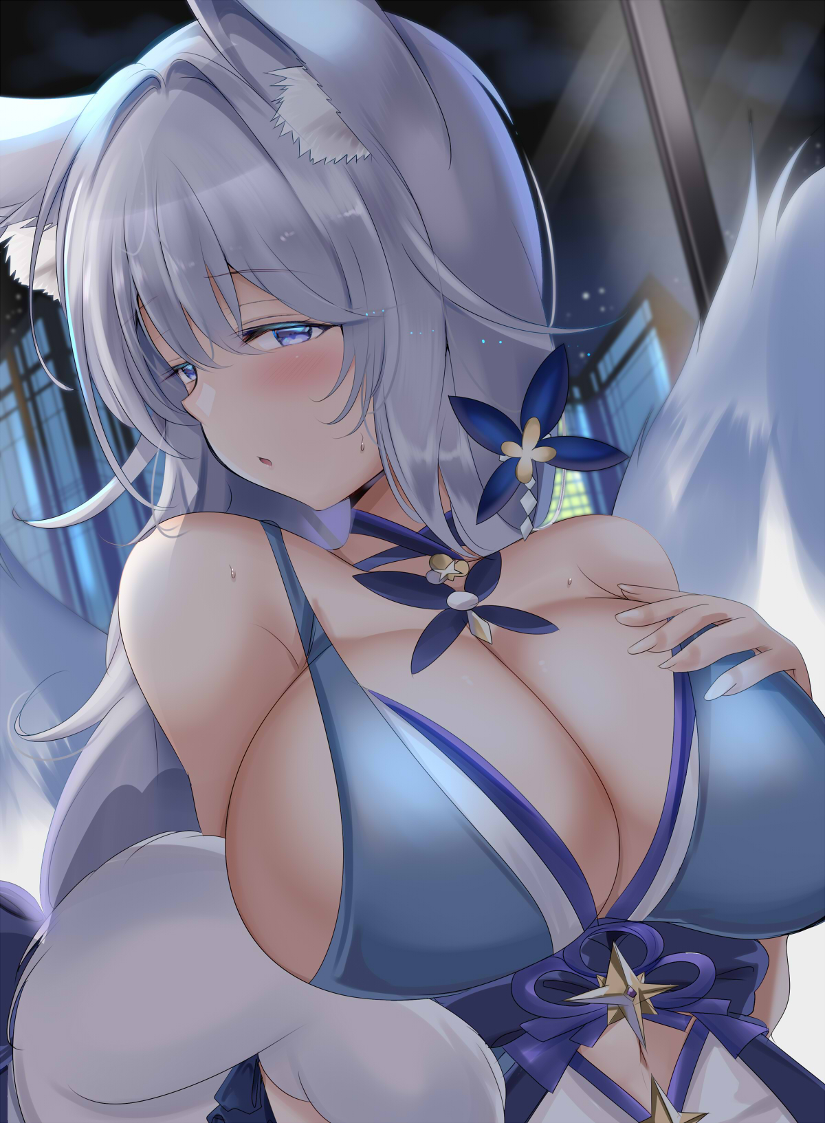 tonchinkan, shinano (azur lane), shinano (dreams of the hazy moon) (azur lane), azur lane, commentary request, highres, 1girl, animal ear fluff, animal ears, bare shoulders, blue collar, blue dress, blue eyes, breasts, cleavage, collar, collarbone, dress, evening gown, feather boa, fox ears, fox girl, grey hair, hair ornament, halter dress, halterneck, hand on own chest, kitsune, large breasts, large tail, long hair, looking at viewer, multiple tails, official alternate costume, sleeveless, sleeveless dress, solo, tail, upper body, white tail