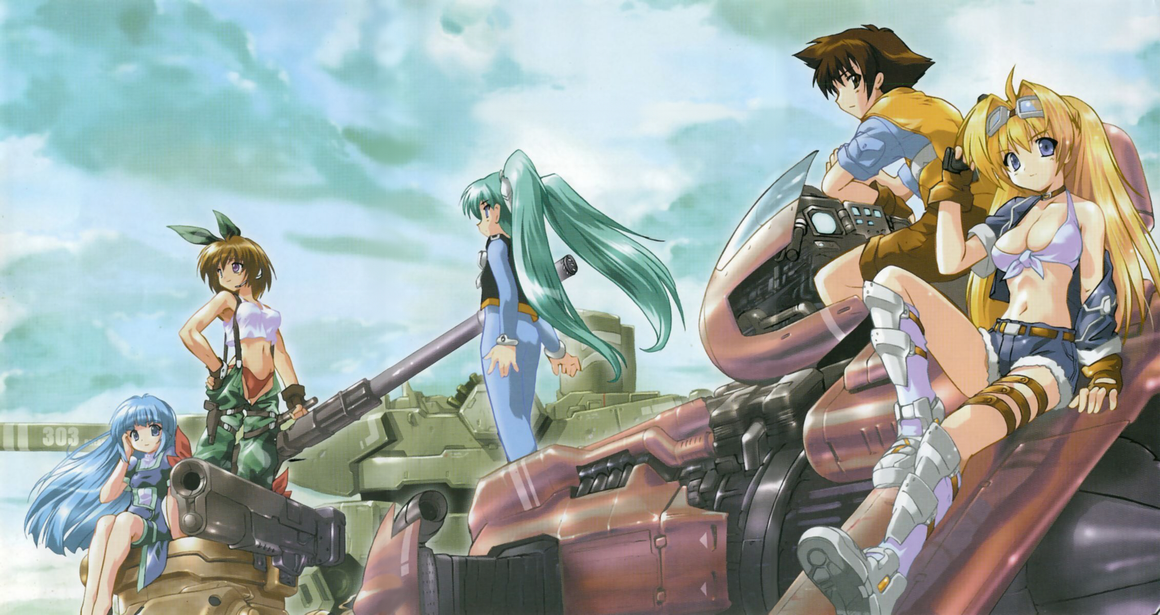 komatsu eiji, liza (junk force), louis (junk force), mamet, mill, wooty, junk force, highres, 1boy, 4girls, blonde hair, blue eyes, blue hair, breasts, brown hair, cleavage, denim, denim shorts, fingerless gloves, gloves, goggles, green hair, long hair, mecha, medium breasts, multiple girls, purple eyes, robot, short hair, shorts, sitting, suspenders, twintails
