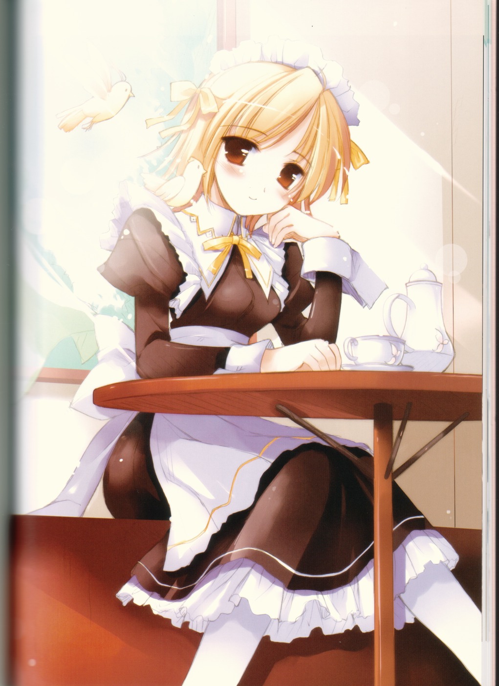highres, tagme, bird, blonde hair, brown eyes, cup, maid, pantyhose, saucer, solo, table, teacup, white bird