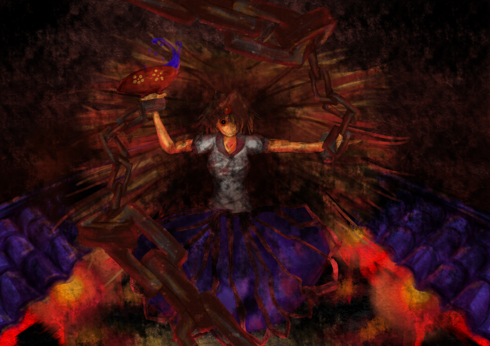 bagu, zenyo (bagunhk9994), hoshiguma yuugi, touhou, bad id, bad pixiv id, 1girl, chain, female focus, horns, red eyes, single horn, solo
