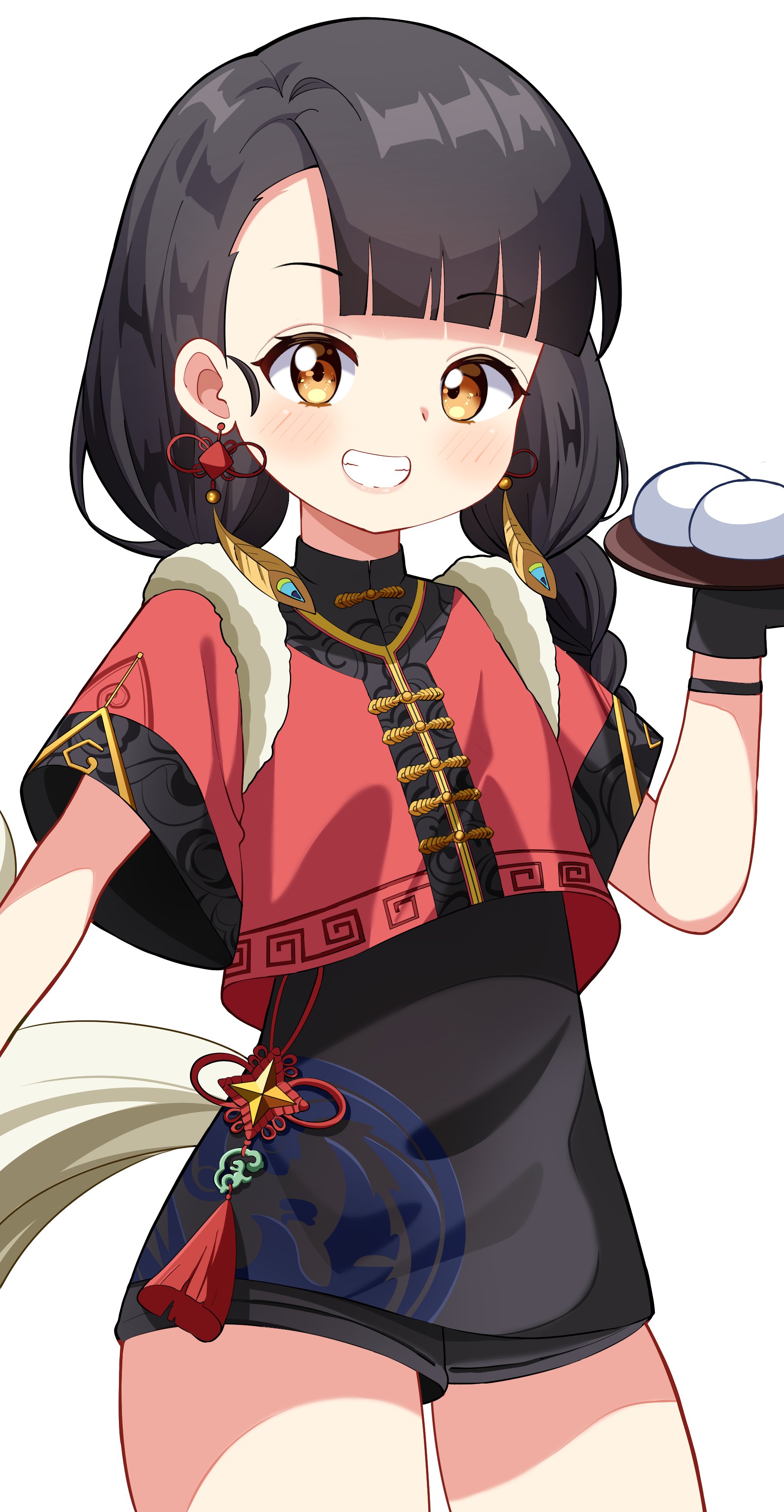 yukijanc, stella sora, absurdres, commentary, highres, 1girl, :d, black gloves, black hair, black shorts, braid, chinese clothes, cropped jacket, earrings, feather earrings, feathers, gloves, grin, holding, holding plate, jacket, jewelry, jinglin (stella sora), long hair, looking at viewer, low twin braids, open mouth, plate, red jacket, short shorts, shorts, simple background, smile, solo, tangzhuang, tassel, twin braids, white background, yellow eyes