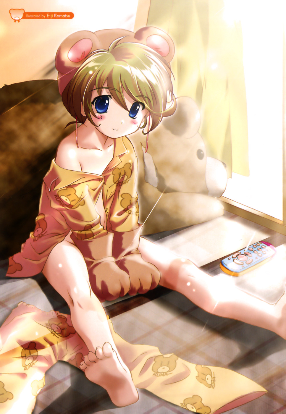 komatsu eiji, highres, 1girl, ahoge, animal costume, animal ears, animal hands, animal print, barefoot, bear costume, bear print, between thighs, blue eyes, blush, bottomless, brown hair, collarbone, controller, feet, female focus, light rays, loli, no panties, off shoulder, pajamas, remote control, shade, shadow, smile, solo, stuffed animal, stuffed toy, sunbeam, sunlight, tatami, teddy bear, thighs, toenails, toes, unbuttoned, window