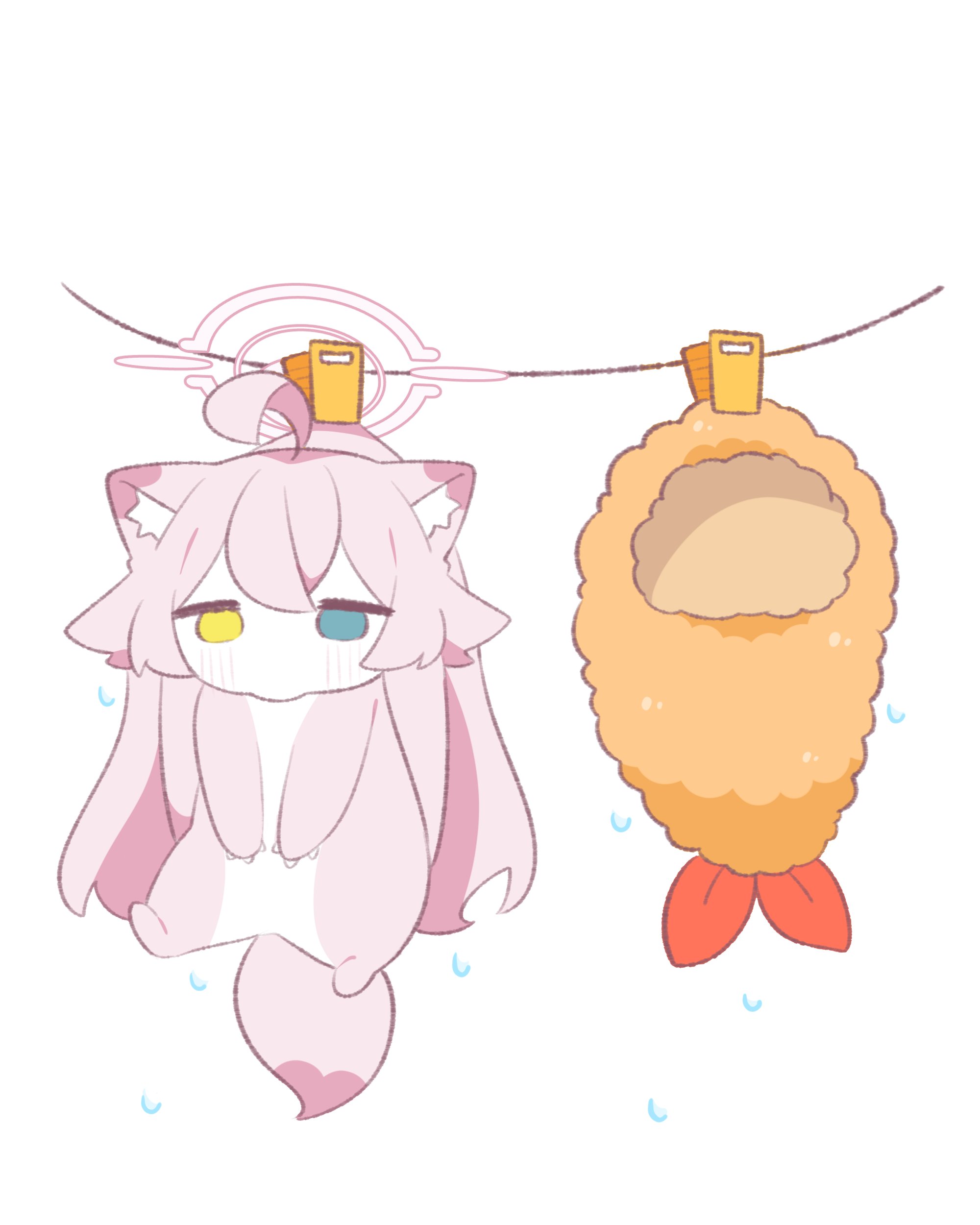 lattes2, hoshino (blue archive), blue archive, absurdres, commentary request, highres, ahoge, animal with hair, animalization, blue eyes, crossed bangs, double-parted bangs, fried hoshino (meme), full body, hair flaps, halo, heterochromia, long hair, meme, no humans, pink hair, pink halo, solo, tempura costume, weasel, yellow eyes, yurie mouth