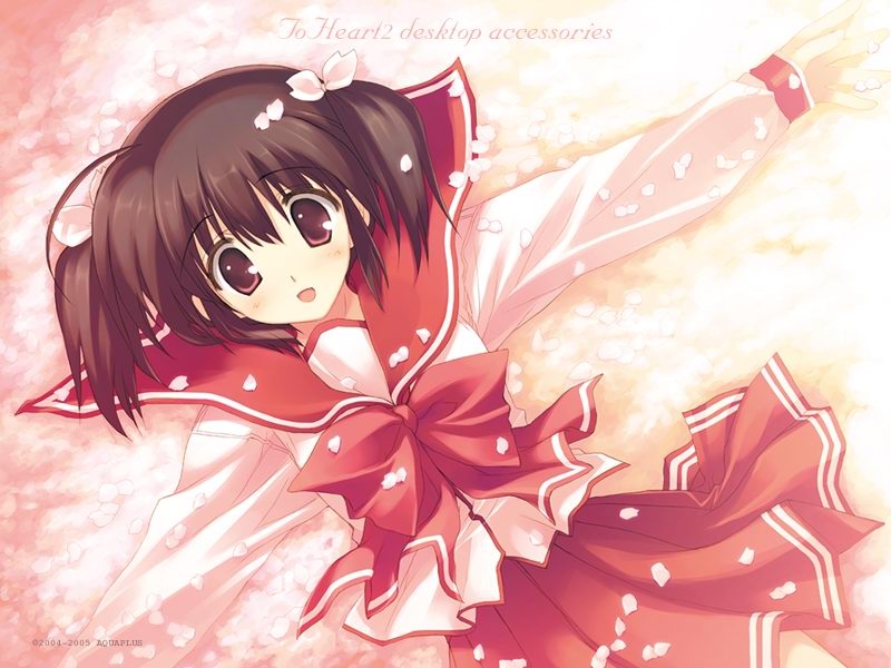mitsumi misato, yuzuhara konomi, to heart (series), to heart 2, 00s, 1girl, 2005, blush, bow, bowtie, brown hair, english text, female focus, long hair, long sleeves, looking at viewer, red bow, red bowtie, red skirt, sailor collar, school uniform, serafuku, skirt, solo, tareme