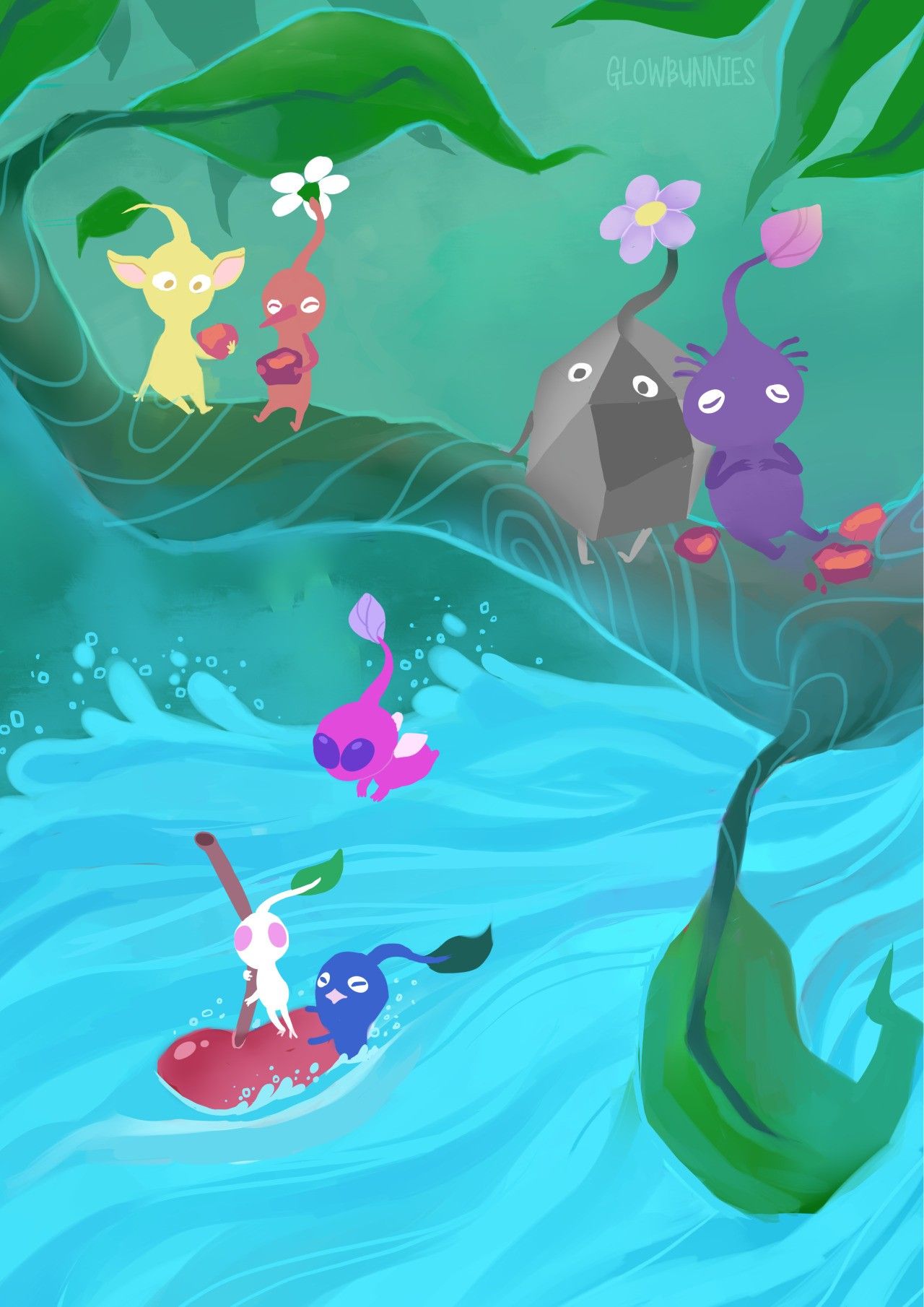 blue pikmin, purple pikmin, red pikmin, rock pikmin, white pikmin, winged pikmin, yellow pikmin, nintendo, pikmin (series), artist request, highres, source request, third-party source, artist name, berry, black skin, blue skin, brown eyes, bud, cherry, closed eyes, colored skin, creature, creature focus, eating, flower, flying, food, fruit, holding, holding food, leaf, leaning on person, no humans, no lineart, open mouth, oversized food, oversized object, pikmin (creature), pink eyes, pointy ears, purple flower, purple hair, purple skin, river, rock, short hair, sitting, solid circle eyes, swimming, very short hair, white flower, white skin, yellow skin