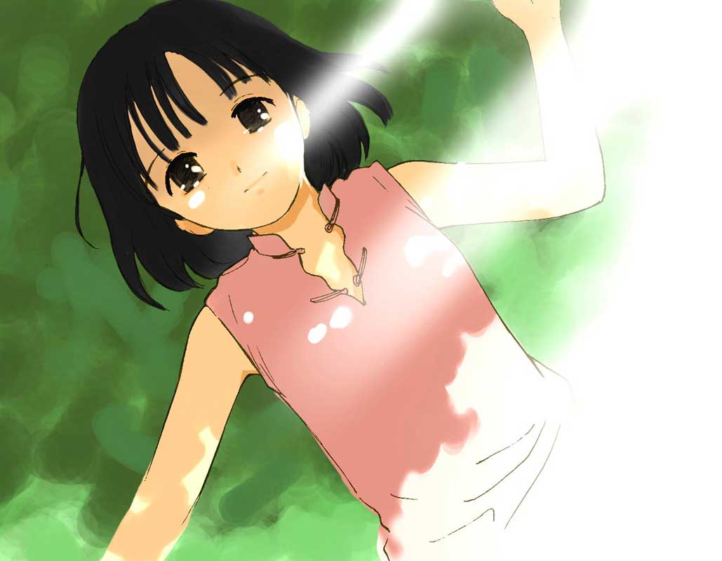 ai (ai-ren), ai-ren, artist request, jpeg artifacts, non-web source, 1girl, bare shoulders, black hair, brown eyes, female focus, flat chest, from above, grass, light rays, lying, on back, short hair, solo, sunbeam, sunlight