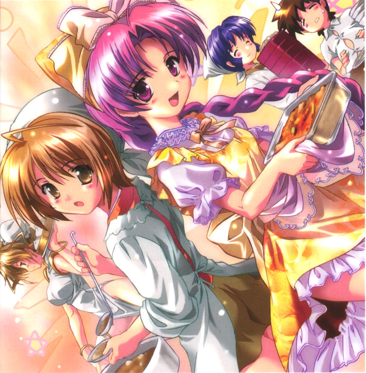 komatsu eiji, maburaho, highres, 00s, 1boy, 4girls, apron, blue hair, braid, brown hair, cooking, long hair, multiple girls, purple hair, short hair, sleeves rolled up, smile, spoon, star (symbol), sweatdrop