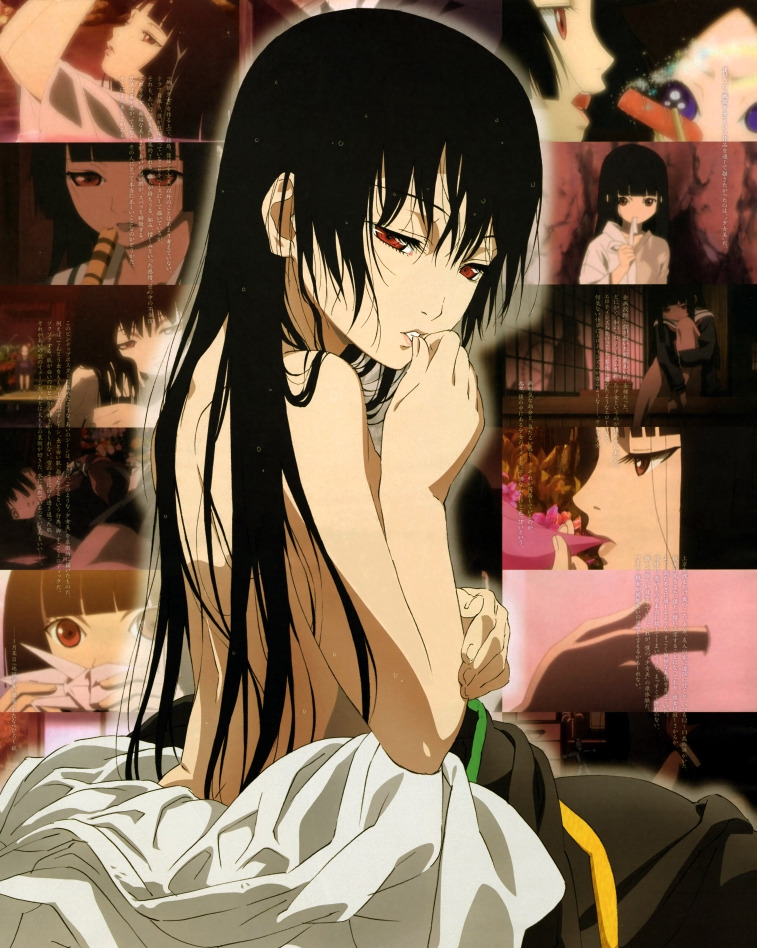 enma ai, jigoku shoujo, official art, 00s, 1girl, back, black hair, blunt bangs, female focus, hime cut, red eyes, solo, wet, wet hair