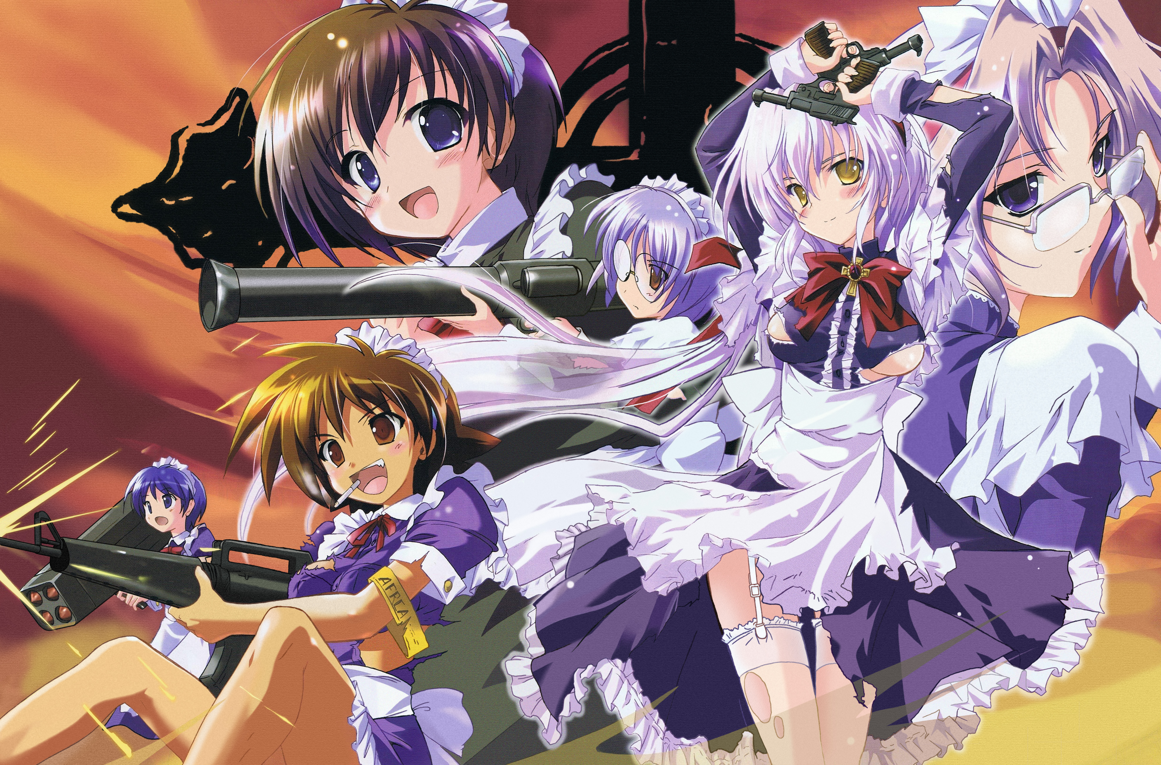 komatsu eiji, liera scharnhorst, maburaho, white legwear, absurdres, highres, 00s, 6+girls, adjusting eyewear, garter straps, gun, maid, multiple girls, rocket launcher, round eyewear, thighhighs, torn clothes, weapon