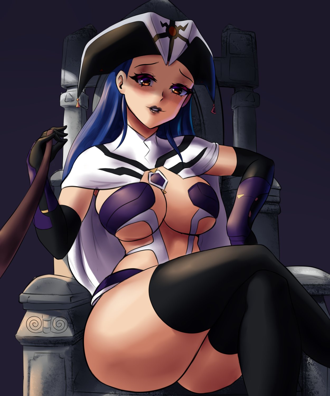 leonart, althena, luna noah, lunar: the silver star, highres, 1girl, armor, bikini armor, black lips, black thighhighs, blue hair, breasts, cape, cleavage, crossed legs, dark background, evil smile, gloves, helmet, large breasts, leash, legs, parted lips, red eyes, sideboob, skimpy outfit, smile, teeth, thighhighs, thighs, throne