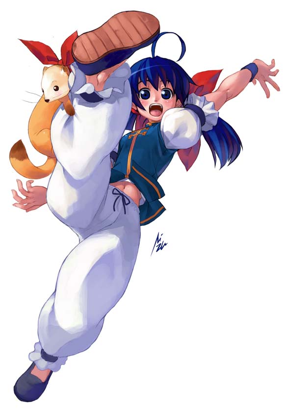 mizuki gyokuran, futaba hotaru, itokatsu (garou), fatal fury, garou: mark of the wolves, snk, official art, scan, 1girl, :o, ahoge, blue eyes, blue hair, female focus, ferret, hair ribbon, happy, jumping, kicking, long hair, matching hair/eyes, midriff, open mouth, pants, ponytail, ribbon, solo