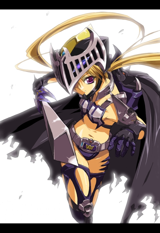 kamen rider knight, sakuya (sister princess), kamen rider, kamen rider ryuki (series), sister princess, 1girl, belt, cape, female focus, letterboxed, parody, solo, sword, thighhighs, weapon