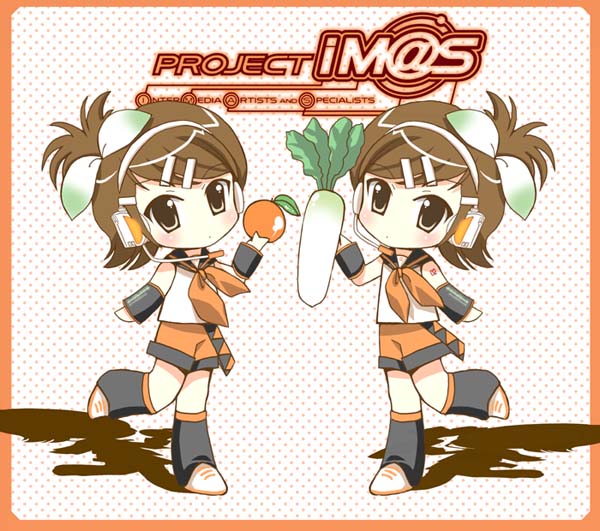 masuyama kei, futami ami, futami mami, kagamine rin, shimoda asami, idolmaster, idolmaster (classic), idolmaster 1, vocaloid, bad id, bad pixiv id, 2girls, chibi, cosplay, daikon, food, fruit, hair ribbon, headphones, kagamine rin (cosplay), multiple girls, orange (fruit), radish, ribbon, short hair, siblings, side ponytail, sisters, twins, voice actor connection