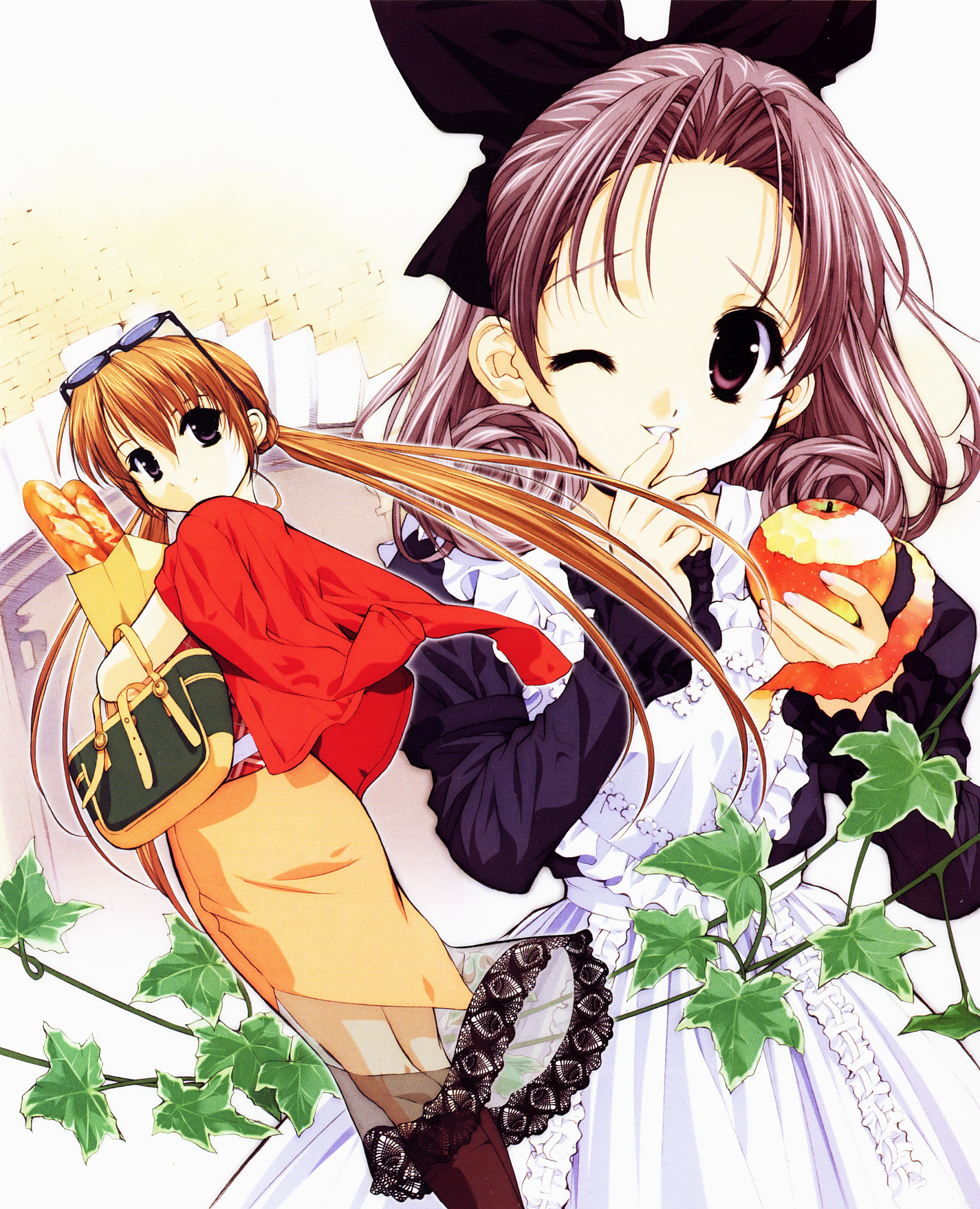 tenhiro naoto, sakuya (sister princess), shirayuki (sister princess), sister princess, brown footwear, highres, 00s, 2girls, ;), apple peel, apron, bag, baguette, black eyes, black ribbon, boots, bread, brick wall, brown hair, curly hair, eyewear on head, finger to mouth, food, frilled apron, frills, from behind, fruit, grocery bag, hair ribbon, holding, holding food, holding fruit, jacket, jacket on shoulders, juliet sleeves, knee boots, lace, lace-trimmed skirt, lace trim, legs together, long hair, long skirt, long sleeves, looking at viewer, looking back, low twintails, multiple girls, one eye closed, outline, paper bag, parted bangs, plant, puffy sleeves, purple eyes, purple hair, red jacket, ribbon, see-through clothes, shopping bag, skirt, smile, sunglasses, twintails, very long hair, vines